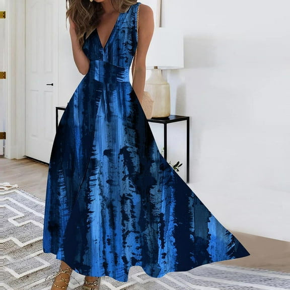 Viikei Women's Plus Size Maxi Dress,Women's Spring/Summer Sleeveless Color V-Neck Wrapped Chest Dress Long Dress Blue M