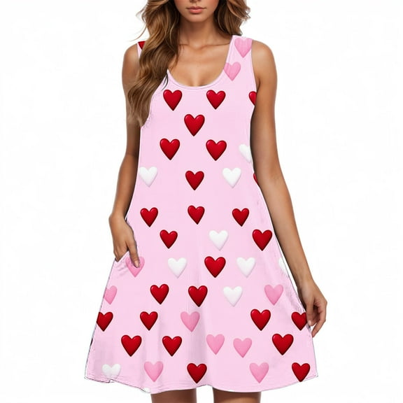 Viikei Women's Plus Size Maxi Dress,Women's Spring/summer Casual Sleeveless Crew-neck Valentine's Day Print Dress Multicolor L