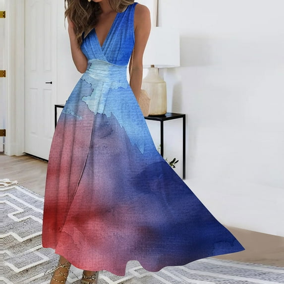 Viikei Women's Plus Size Maxi Dress,Women's Summer Print Casual Loose Sleevless V-Neck Dress Blue M