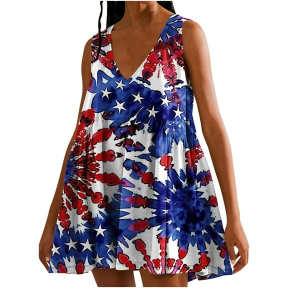 Viikei Women's Plus Size Maxi Dress,Women's Summer Print Casual Loose Sleevless V-Neck Dress Dark Blue XL