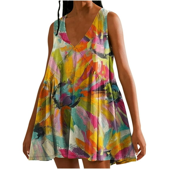 Viikei Women's Plus Size Maxi Dress,Women's Summer Print Casual Loose Sleevless V-Neck Dress Yellow XXL