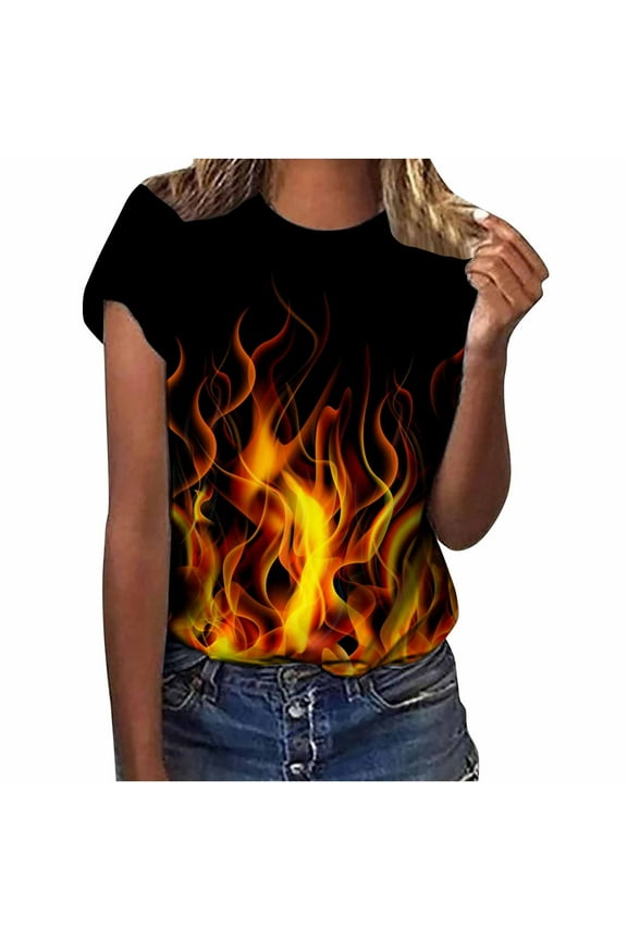 Going Out Tops for Women Viikei 2025 Summer Womens Tops Women's Crewneck Short Sleeves Flame Printed Pattern Casual Tops Blouse Print Shirt
