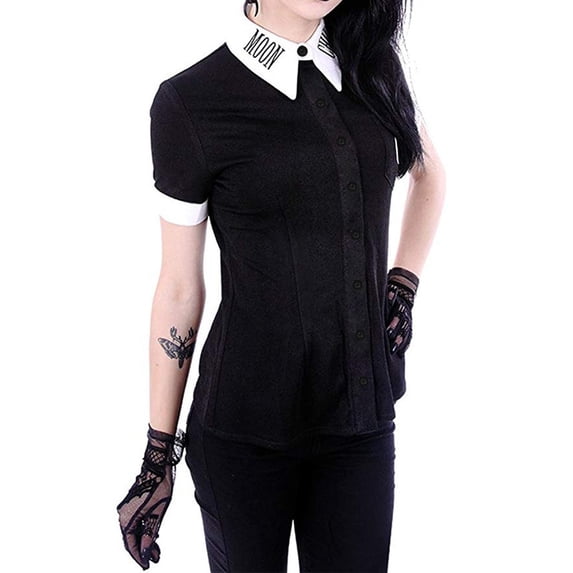 Viikei Women's Plus Size Short Sleeve Print Gothic Punk Black V-Neck Button down T-Shirt