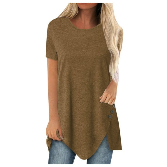 Viikei Women's Plus Size Short Sleeve Solid Color Button O-Neck Irregular T-Shirt