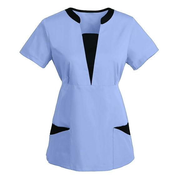 Viikei Womens Plus Short Sleeve Tops Clearance Ladies Short Sleeve Tops Plus Size Women T-shirt Short Sleeve V-Neck Work Uniform Solid Patchwork Color Pocket Blouse