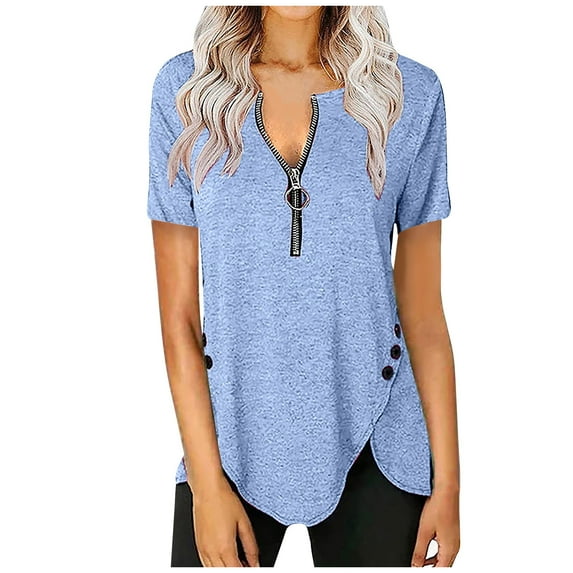 Viikei Women's Plus Size Short Sleeve Solid Zipper Buttons V-Neck Pullove T-Shirt