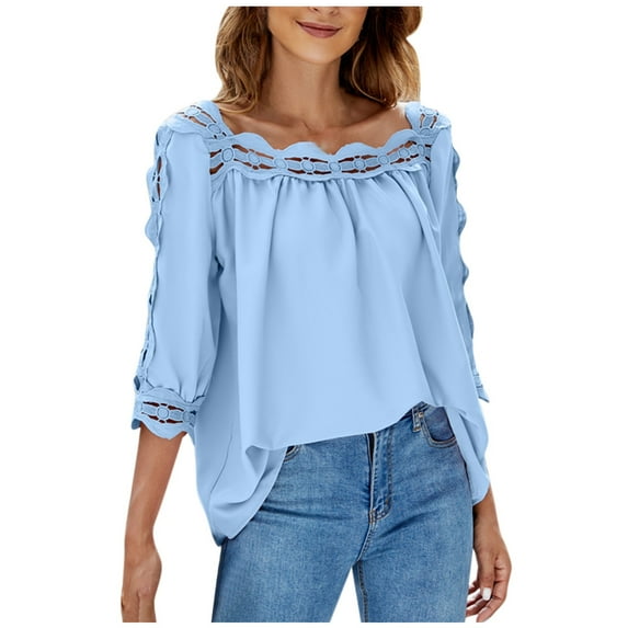 Viikei Women's Plus Size Short Sleeve Square Neck Solid Color Lace Stitching Collar T-Shirt