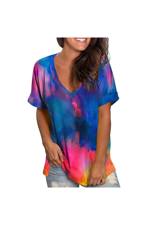 Women's Plus Size Short Sleeve Tie-dye Printing V-Neck T-Shirt