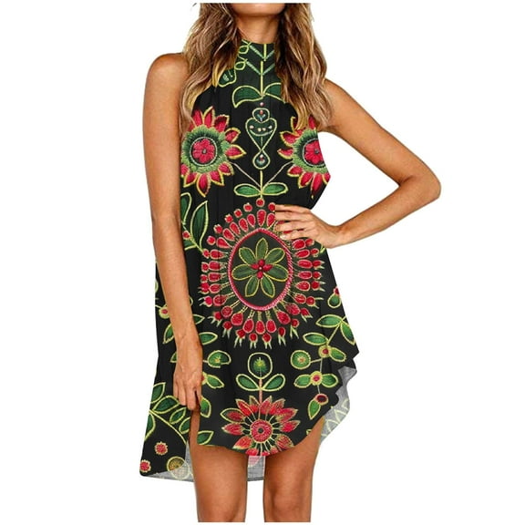 Viikei Women's Plus Size Summer Dresses,Feminine Ruffled Short Sleeve Dress,Women's Vintage Print Print Dress Sleeveless Round Neck Knee-length Dress Multicolor L