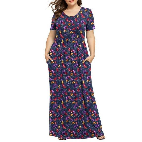 Viikei Women's Plus Size Summer Dresses,Women's Flowy Chiffon Short Sleeve Dress,Women's Plus Printed Casual Short Sleeve Round Neck Pleated Pocket and Ankle Dress Purple XXXL