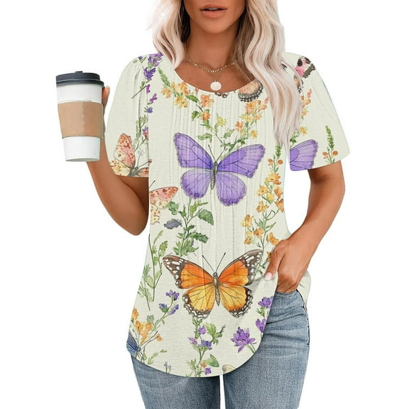 Viikei Women's Plus Size Summer Tops,Ladies' Casual Short Sleeved Loose Round Neck Printed Top Beige M