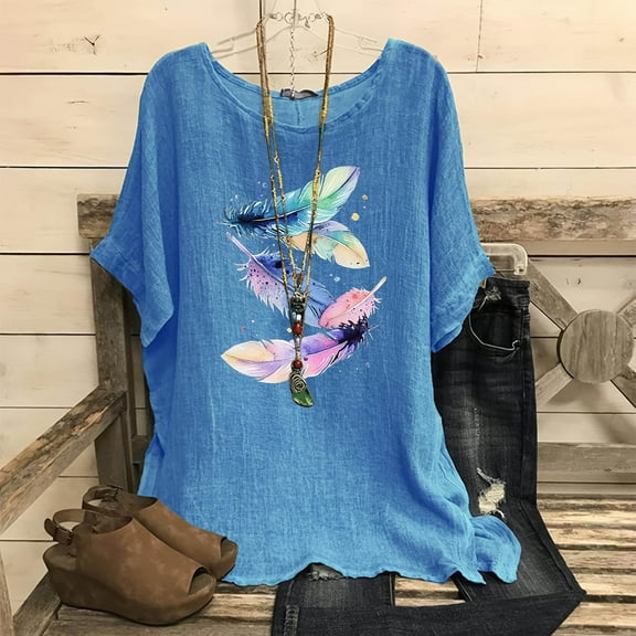Viikei Women's Plus Size Summer Tops,Women's Fashion Print Tees Casual Crew Neck Raglan Short Sleeve Loose T Shirt Linen Blouses Blue XXL