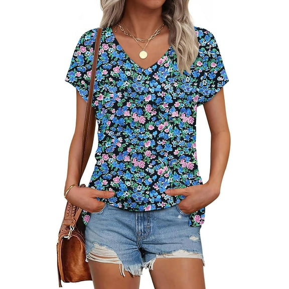 Viikei Women's Plus Size Summer Tops,Women's Printed V-neck Short-sleeved T-shirt Loose Top Short Sleeve Top Multicolor XL