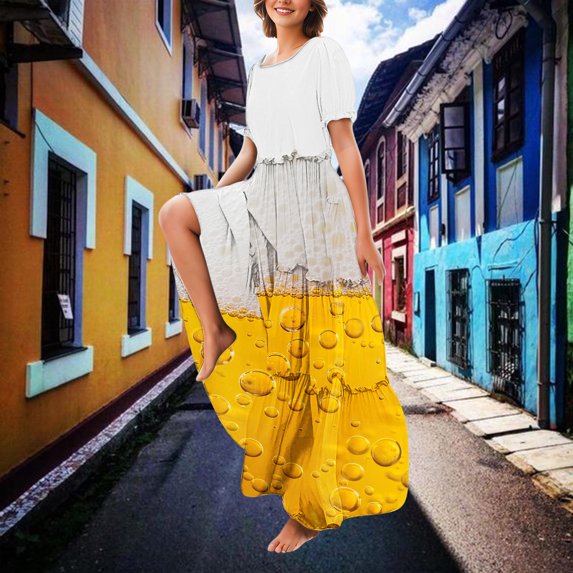 Viikei Women's Printed Maxi Short Sleeve Dress,Women's Casual Fashion Cake Lace Skirt Solid Color Short Sleeved Round Neck Dress Yellow XL