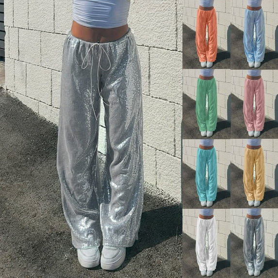 Viikei Women's Sequin Pants Party Wear,Womens Fashion Solid Sequin Drawstring Casual Elastic Waist Long Pants Green M