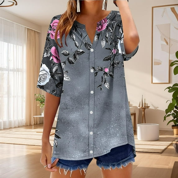 Viikei Women's Short Sleeve Style Blouse,Women's Printed Linen Look Shirt with V-Neck and Roll-Tab Three-Quarter Sleeves Gray M