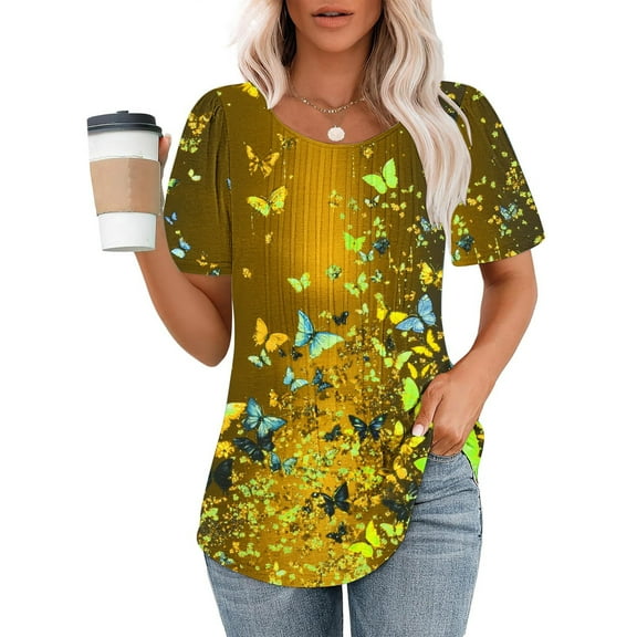 Viikei Women's Short Sleeve Summer Tops,Ladies' Casual Short Sleeved Loose Round Neck Printed Top Yellow S