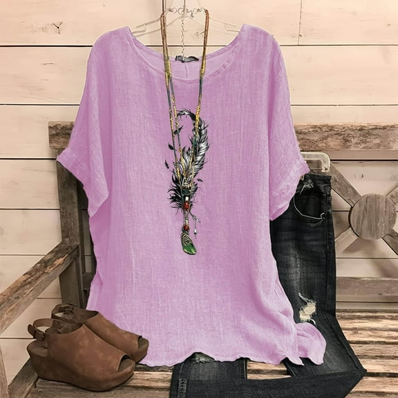 Viikei Women's Short Sleeve Summer Tops,Women's Fashion Print Tees Casual Crew Neck Raglan Short Sleeve Loose T Shirt Linen Blouses Pink M