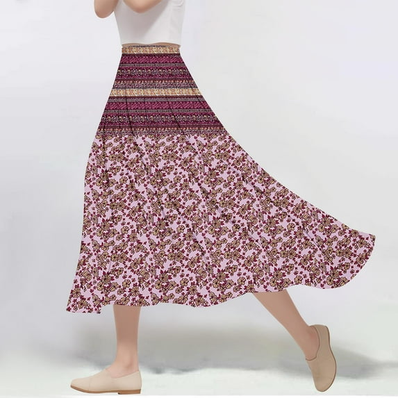 Viikei Women's Skirt in Lightweight Fabric,Women's Casual Flowers Printed A-line Elastic Waist Skirt Red XXXL