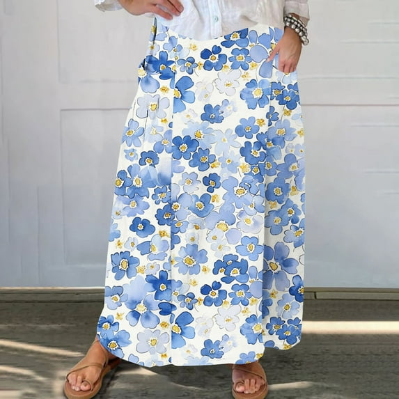 Viikei Women's Skirt in Pastel Colors,Women's Printed Elastic Waistband Pleated Pocket Skirt With Mid Calf Skirt Light Blue XXXXL