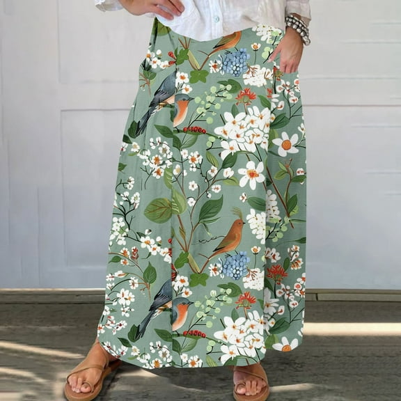 Viikei Women's Skirt in Stretchy Material,Women's Printed Elastic Waistband Pleated Pocket Skirt With Mid Calf Skirt Green XXXL