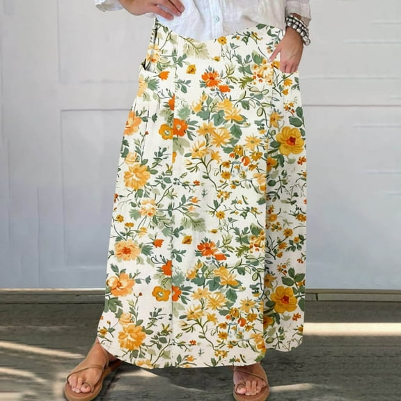 Viikei Women's Skirt in Stretchy Material,Women's Printed Elastic Waistband Pleated Pocket Skirt With Mid Calf Skirt Yellow XXL