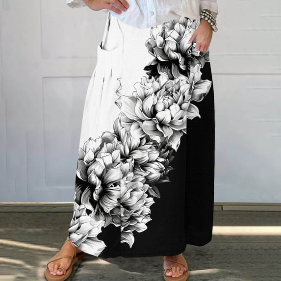 Viikei Women's Skirt with Side Slit,Women's Printed Elastic Waistband Pleated Pocket Skirt With Mid Calf Skirt Black XXXL