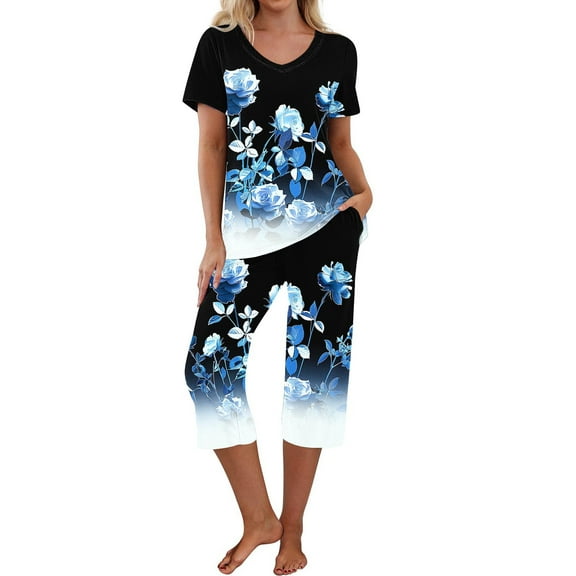 Viikei Women's Sleepwear Capri Set Mid-Length Lounge Pants,Women-neck Short Sleeved Pajamas and Pants Set Casual Pajamas with Pockets Dark Blue S
