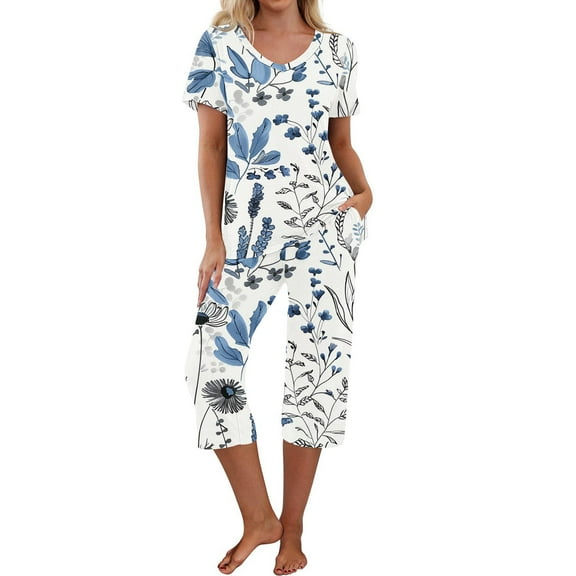 Viikei Women's Sleepwear Capri Set Mid-Length Lounge Pants,Women-neck Short Sleeved Pajamas and Pants Set Casual Pajamas with Pockets White XXL