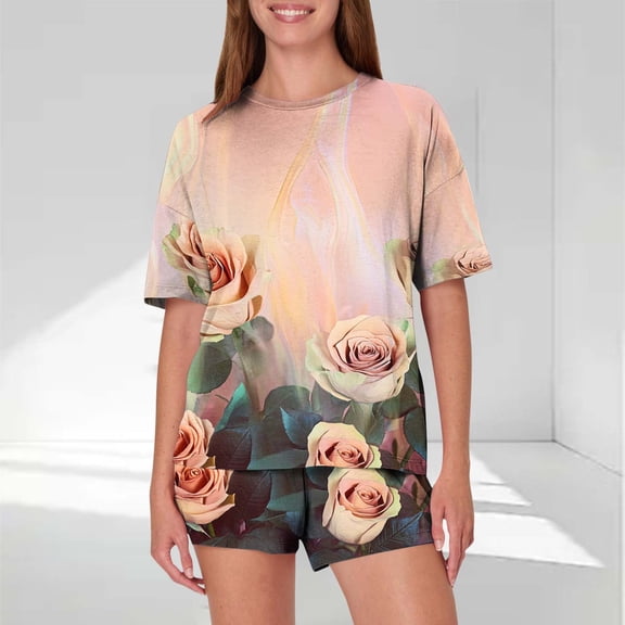 Viikei Women's Sleepwear Shorts Set Breezy Casual Lounge,Women's Casual Loose Printing Round Neck Short Sleeved Shorts Pajamas Suit Pink XXL