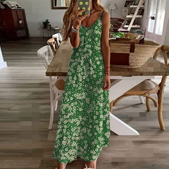 Viikei Women's Sleeveless Dress with Ruffles Detail,Summer Dresses for Women Print Sleeveless Round Neck Dress Casual Long Dresses Green L