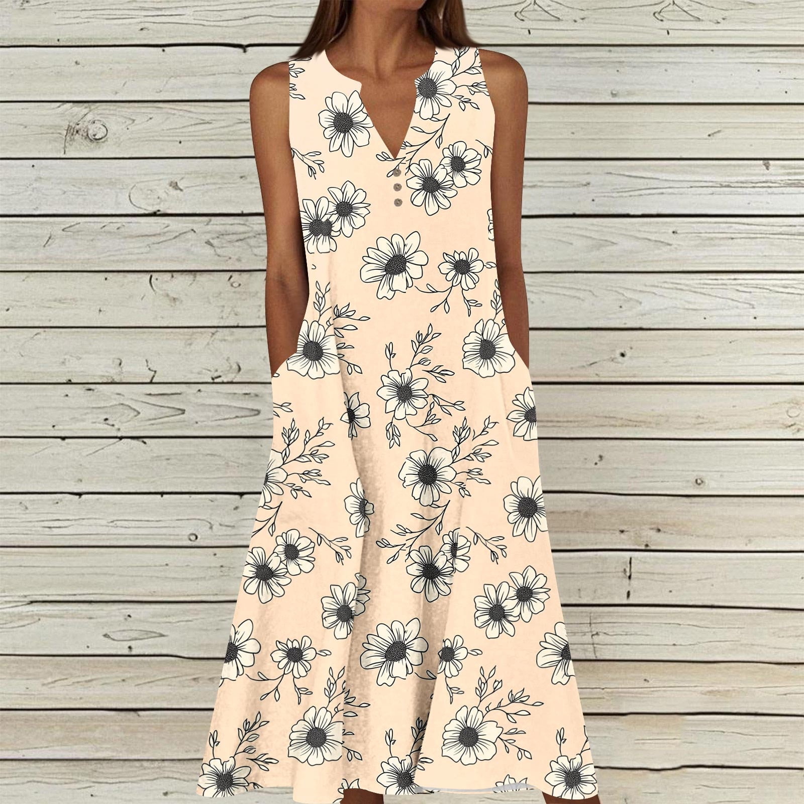 Viikei Women's Sleeveless Midi Dress Chic Style,Women's Summer Casual Dress Gradual Sleeveless Neck V-Neck Long Dress Beige XXL
