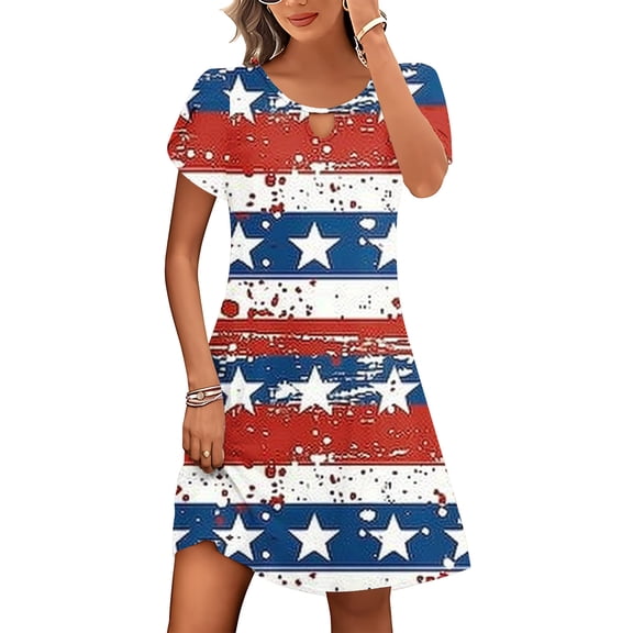 Viikei Women's Slim-Fit Short Sleeve Dress,Women's Casual Loose Summer Printed Short Sleeved Dress Blue S