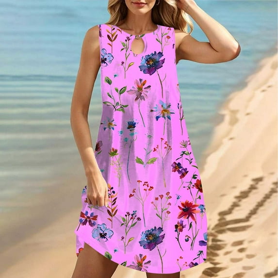 Viikei Women's Slim-Fit Sleeveless Dress,Women's Round Neck Sleeveless Gradient Tie Dyed Beach Dress Pink XXL