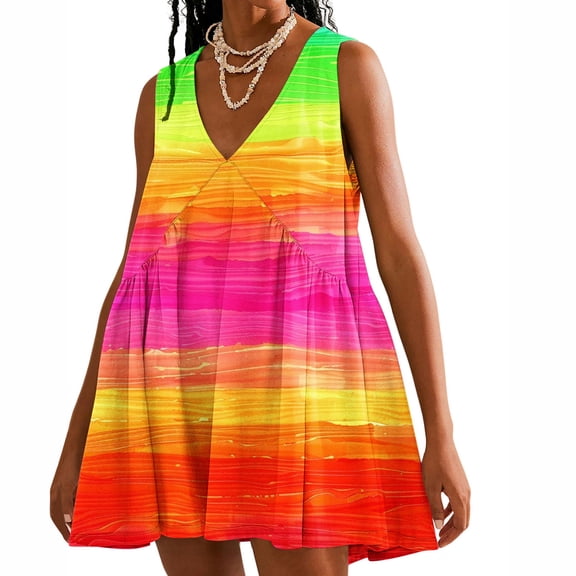 Viikei Women's Summer Casual Short Sleeve Dressy Dresses,Women Casual Loose Summer Print Pleated Sleeveeless V-Neck Dress with Pocket Red XL