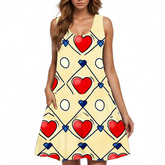 Viikei Women's Summer Casual Short Sleeve Dressy Dresses,Women's Spring/summer Casual Sleeveless Crew-neck Valentine's Day Print Dress Multicolor XL