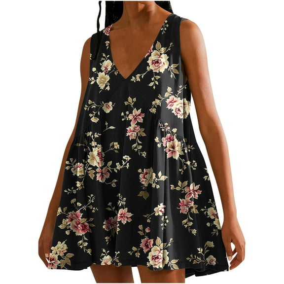 Viikei Women's Summer Casual Short Sleeve Dressy Dresses,Women's Summer Print Casual Loose Sleevless V-Neck Dress Black L