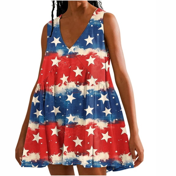 Viikei Women's Summer Casual T Shirt Dresses,New Women's Casual Loose V-neck Sleeveless Printed Short Dress Blue M