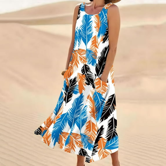 Viikei Women's Summer Casual T Shirt Dresses,New Women's Sleeveless and Linen Round Neck Printed Long Dress Orange XL