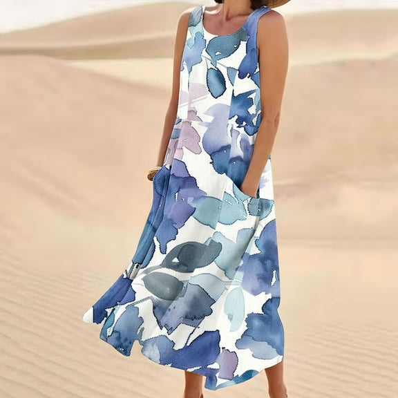 Viikei Women's Summer Casual T Shirt Dresses,Plus Size Dresses Women Fashion,Women's Sleeveless and Linen Round Neck Printed Long Dress with Pocket Blue S