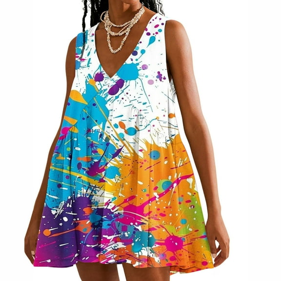 Viikei Women's Summer Casual T Shirt Dresses,Women Casual Loose Summer Print Pleated Sleeveeless V-Neck Dress with Pocket White L