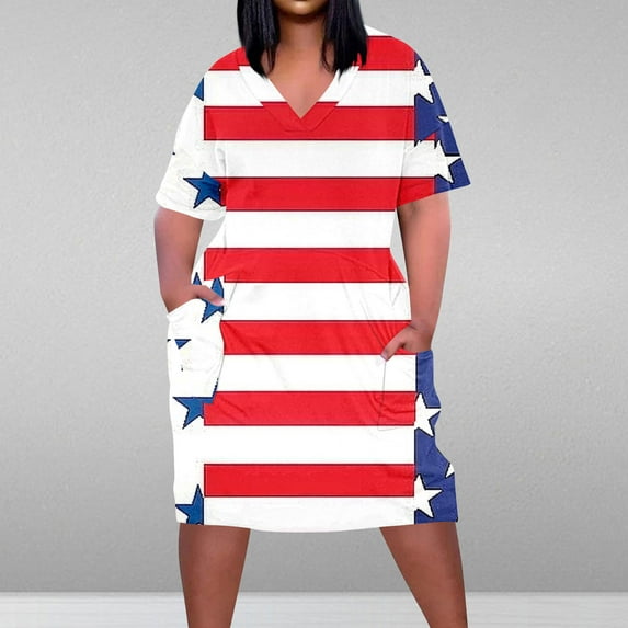 Viikei Women's Summer Casual T Shirt Dresses,Women's Tiered Ruffle Short Sleeve Dress,Plus Size Dress for Women V Neck Summer Printing Sundresses Pocket Knee Short Sleeve with Pockets Red XXXXXL