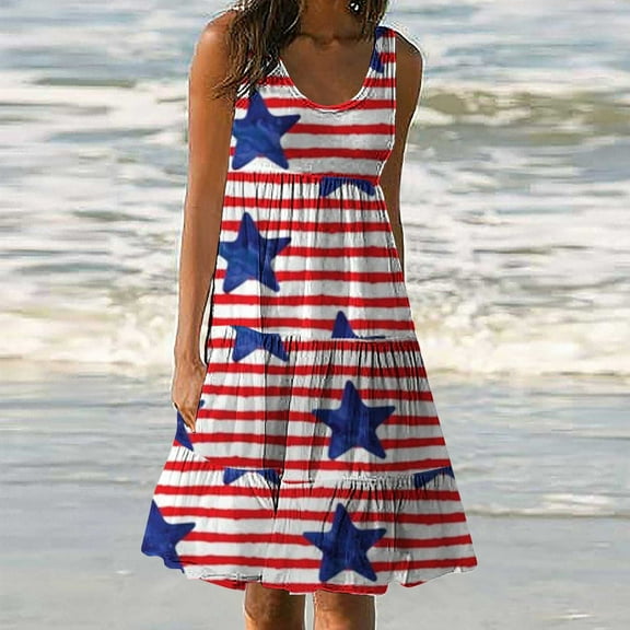 Viikei Women's Summer Casual T Shirt Dresses,Womens Fashion Holiday Summer Casual Printing Sleeveless Party Beach Loose Dress Red S