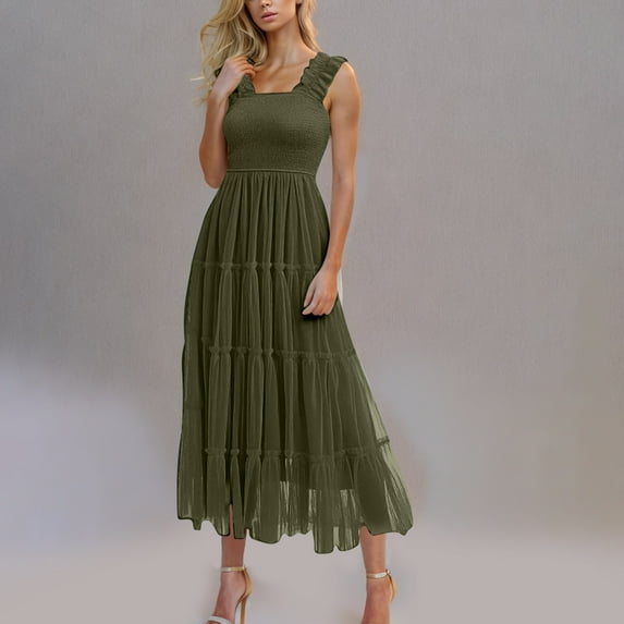 Viikei Womens Summer Dress Short Ruffle Sleeve Round Neck Mini Dress,Women's Solid Short Sleeve Pleated Dresses Long Dress Midi Maxi Dresses Elastic Waist Boho Beach Dress Pockets Army Green L