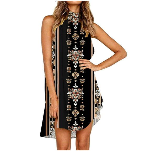 Viikei Women's Summer Floral Short Sleeve Dress,Women's Vintage Print Print Dress Sleeveless Round Neck Knee-length Dress Multicolor L