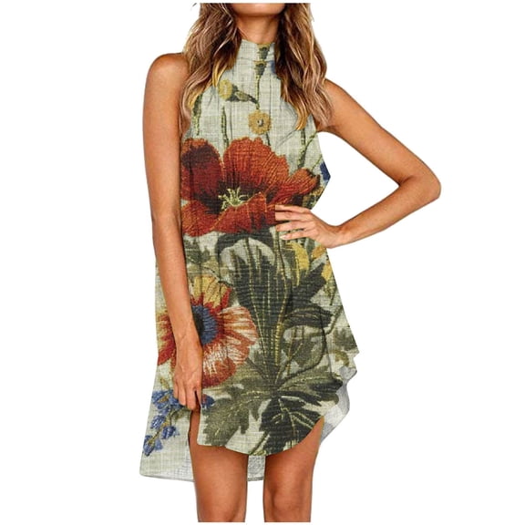 Viikei Women's Summer Floral Sleeveless Dress,Women's Striped Polka Print Dress Sleeveless Round Neck Knee-length Dress Multicolor L