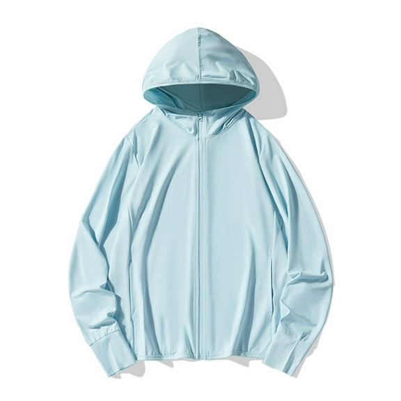 Viikei Women's Summer Sunscreen Jacket for Daily Wear,Women's Solid Color Hooded Long-Sleeved Sports Sunscreen Breathable Top Light Blue M
