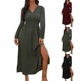 thumbnail image 1 of Viikei Women's Three Quarter Sleeve Dress Work Appropriate,Women's Solid Color Long Sleeved V-neck Elastic Waist Slit Long Skirt Dress Black XL, 1 of 8