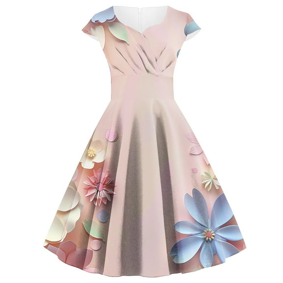 Viikei Women's Tiered Ruffle Short Sleeve Dress,Ladies' Style Slim Printed Short Sleeved Round Neck Dress Multicolor L