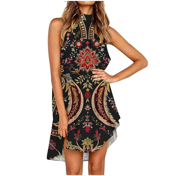 Viikei Women's Tiered Ruffle Short Sleeve Dress,Women's Vintage Print Print Dress Sleeveless Round Neck Knee-length Dress Multicolor XL